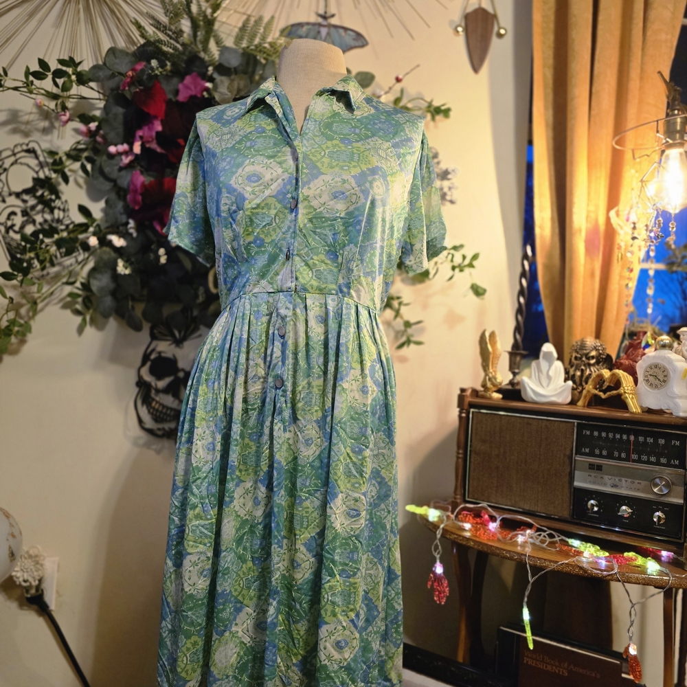 VTG 50s/60s Floral Green and Blue Dress